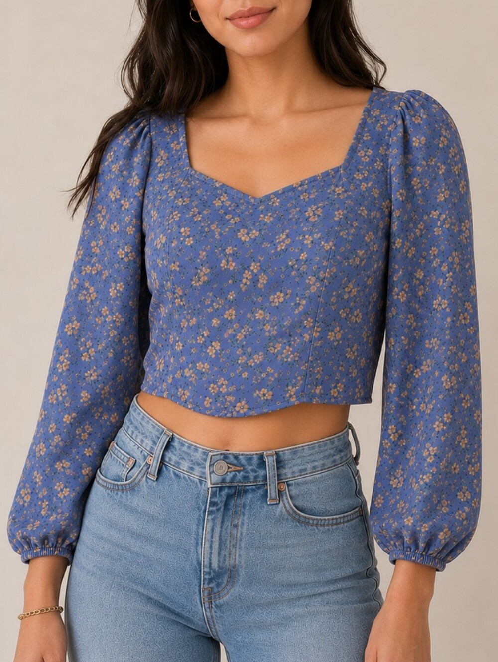 American Eagle Blue Floral Peasant Crop Top Long Sleeve Smocked Back Boho Medium